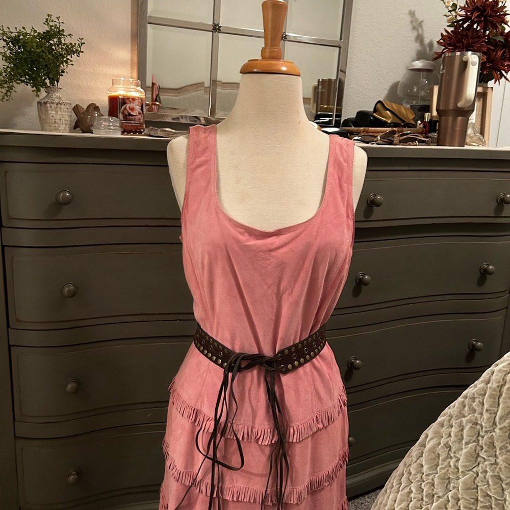 Vintage Designer Pink Suede Fringe Midi Dress
